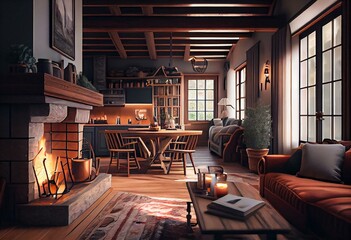 cozy warm home interior of a chic country house with an open plan, wood finishes, warm colors and a family hearth. view of the recreation area for family and guests. Generative AI
