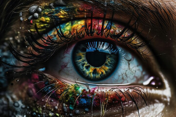 Abstract and dramatic eye art with fantasy design and bright colors. Close-up of woman's eye with macro details of pupil and iris. Perfect for beauty and fashion photography. AI Generative.
