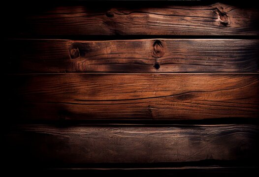 Old wooden plank,dark wood timber background.Vintage brown wooden board surface pattern,top view. Generative AI