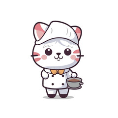 Mascot cartoon of cute smile cat chef wearing chef hat cap and uniform. 2d character vector illustration in isolated background