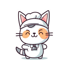 Mascot cartoon of cute smile cat chef wearing chef hat cap and uniform. 2d character vector illustration in isolated background