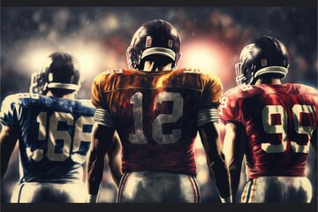 Close-up american football team boys in sport stadium. Concept of teamwork at stadium. Finest generative AI.