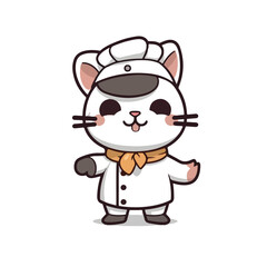 Mascot cartoon of cute smile cat chef wearing chef hat cap and uniform. 2d character vector illustration in isolated background