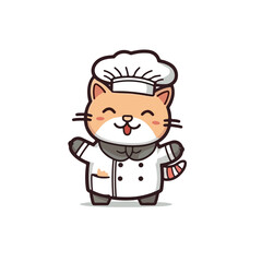 Mascot cartoon of cute smile cat chef wearing chef hat cap and uniform. 2d character vector illustration in isolated background