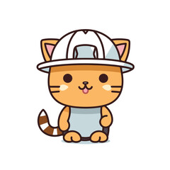Mascot cartoon of cute smile cat building contractor wearing uniform and safety helmet. 2d character vector illustration in isolated background