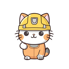 Mascot cartoon of cute smile cat building contractor wearing uniform and safety helmet. 2d character vector illustration in isolated background