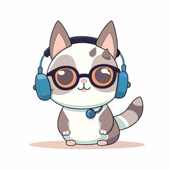 Mascot cartoon of cute smile hipster happy cat wearing glasses and headphone. 2d character vector illustration in isolated background