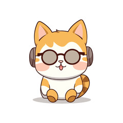 Naklejka premium Mascot cartoon of cute smile hipster happy cat wearing glasses and headphone. 2d character vector illustration in isolated background