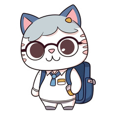 Mascot cartoon of cute smile cat kitten go to school wearing school bag. 2d character vector illustration in isolated background