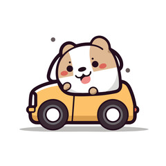 Mascot cartoon of cute smile puppy dog driving car. 2d character vector illustration in isolated background