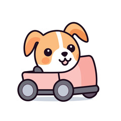 Mascot cartoon of cute smile puppy dog driving car. 2d character vector illustration in isolated background