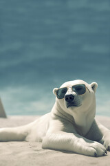  The Last Resort: Polar Bear Sunbathing With Glasses on the Beach. Generative ai.