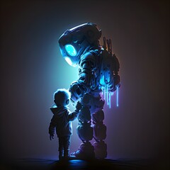 Fototapeta na wymiar robot holding a human child 2 years old boy like it was his emotional epic neon light futuristic cool light 