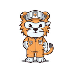 Mascot cartoon of cute smile lion car and tire mechanic wearing uniform and cap. 2d character vector illustration in isolated background