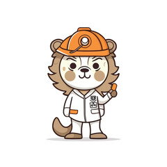 Mascot cartoon of cute smile lion car and tire mechanic wearing uniform and cap. 2d character vector illustration in isolated background