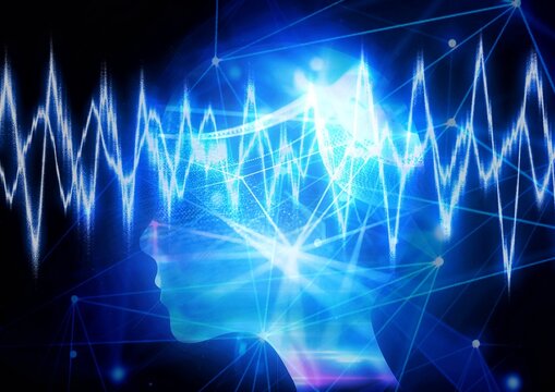 抽象的な青い脳と脳波の3dイラスト