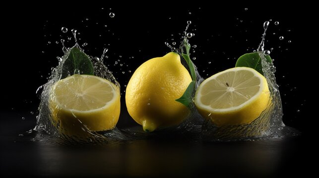 Fresh three lemons are dipped in water and splash into black background