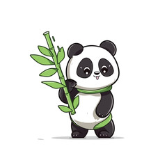 Mascot cartoon of cute smile panda holding green bamboo. 2d character vector illustration in isolated background