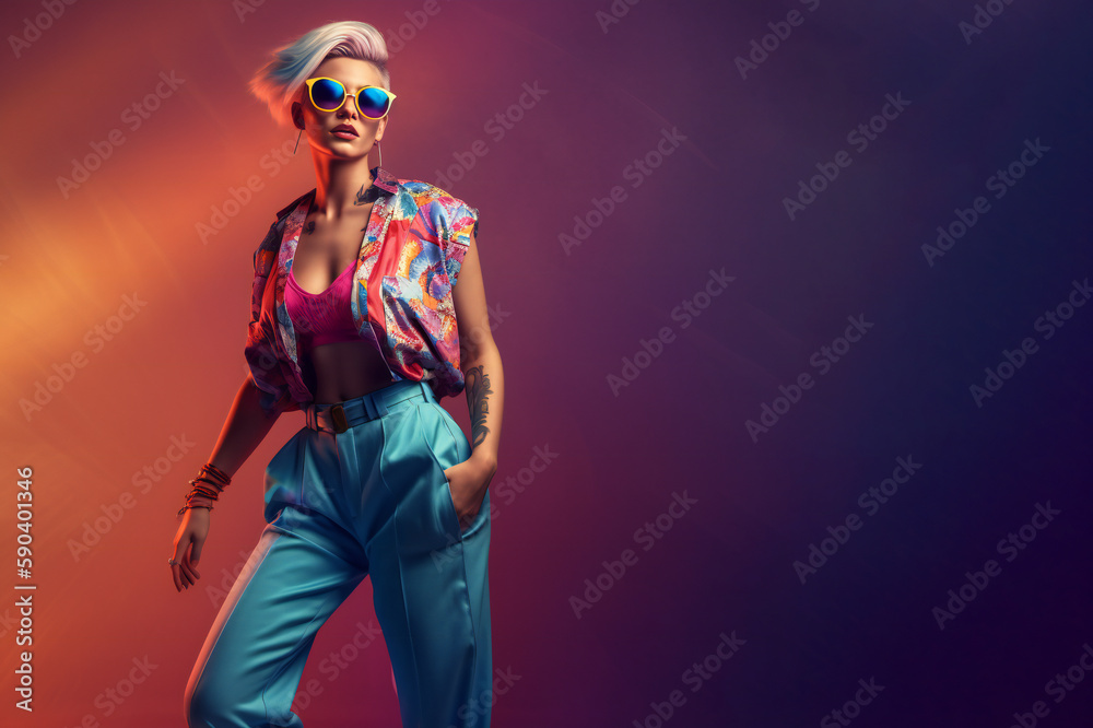 Poster fashion woman colorful, the bold eclectic fashion styles of the Y2K era. dressed in the latest fashion trends of the time, including chunky shoes, low-rise pants, crop tops, and oversized sunglasses