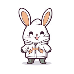 Mascot cartoon of cute smile rabbit wearing hoodie jacket. 2d character of disability vector illustration in isolated background