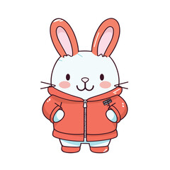 Mascot cartoon of cute smile rabbit wearing hoodie jacket. 2d character of disability vector illustration in isolated background