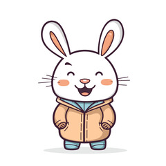 Fototapeta na wymiar Mascot cartoon of cute smile rabbit wearing hoodie jacket. 2d character of disability vector illustration in isolated background