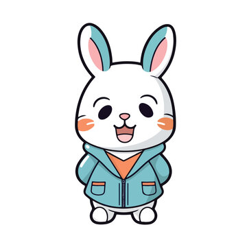 Mascot cartoon of cute smile rabbit wearing hoodie jacket. 2d character of disability vector illustration in isolated background