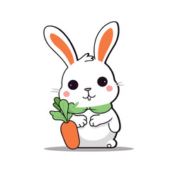Mascot cartoon of cute smile rabbit holding big fresh orange carrot. 2d character of disability vector illustration in isolated background