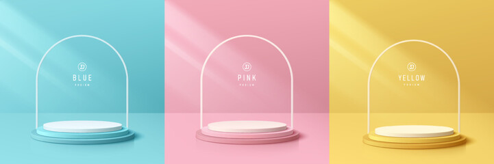 Set of 3D background with realistic yellow, blue, pink and white cylinder podium. Minimal arch shape wall scene. Pastel mockup product display. Round stage for showcase. 3D abstract vector rendering.