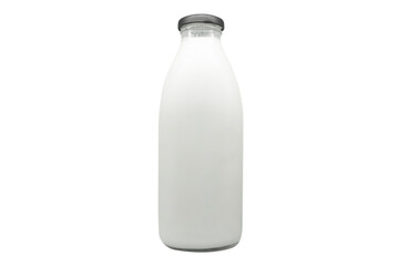 Glass bottle of fresh milk mockup with black cap enclosure isolated on white background. Unmarked bottles filled with milk.