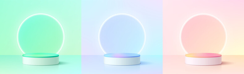 Set of 3D background with yellow, blue green, pink and white realistic cylinder podium, Glow rings neon wall scene. Minimal mockup empty product display. Abstract vector 3D rendering. Stage showcase.
