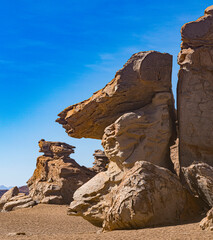 Fototapeta na wymiar Rock formations in Bolivia at 16,000 feet elevation, carved by constant wind.