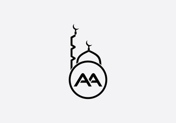 Islamic mosque logo and minar icon and symbol design with letters and alphabets