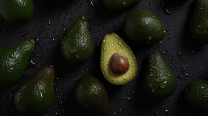 Avocados  with visible water drops. Seamless food photography background created using generative AI tools.