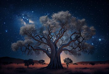 Obraz na płótnie Canvas a tree with a sky full of stars and the night sky behind it is lit up by the stars. Generative AI