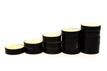 Isolated checkers and dice on a white background,. Board games. Copy space.