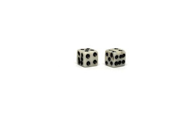 Isolated checkers and dice on a white background,. Board games. Copy space.