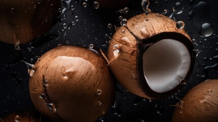 Coconuts with visible water drops. Seamless food photography background created using generative AI tools.