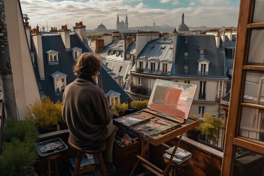 An artist painting in a Parisian roof, generative ai