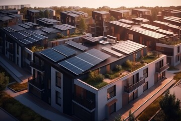 Sustainable Residential development with houses with gardens and pool, generative ai