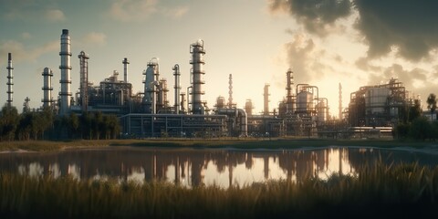 Naklejka premium Petrochemical plant landscape, generative ai