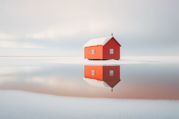 Red cottage in a white winter Scandinavian landscape, generative ai