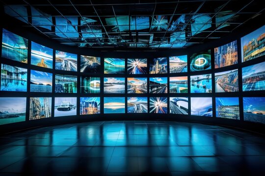video wall with multimedia images on different television screens, generative ai