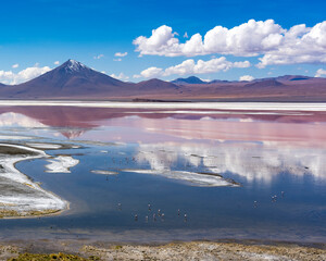 Scene of salt lagoon reflecting mountains and clouds as if in a mirror.