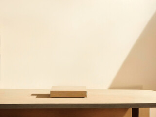 Empty top wooden shelves and wall background.