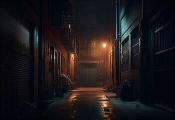 Dark factory warehouse alley at night. Generative AI