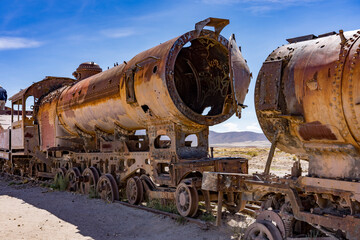 Fototapeta na wymiar Abandoned train at the Train Graveyard in the Bolivia Salt Flats.