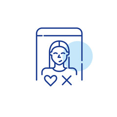 Dating app user. Smiling girl. Possible match with heart and cross as yes or no symbols. Pixel perfect, editable stroke