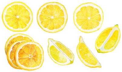 水彩画イラスト　くし切りのカットレモンとスライスレモン　素材集