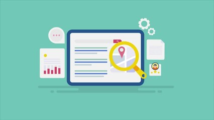 Business website visibility increase in local search term, analysing content, metadata for local keyword, managing local business listing on search page concept.
